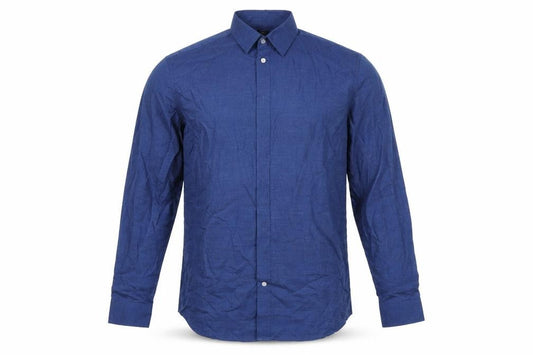 Front view of H&M men’s blue polyester button-up, size XL, collared