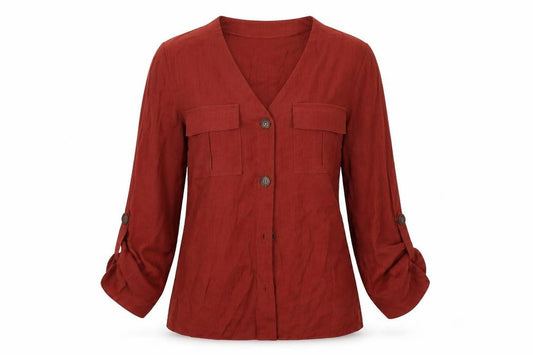 Front view of Primark women’s red viscose basic button-up, size UK 6, v-neck