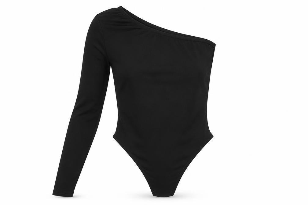 Front view of PRETTYLITTLETHING women’s black polyester leotard one-piece, size UK 8