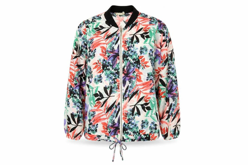 Front view of Innocence women’s white floral jacket, size UK 8