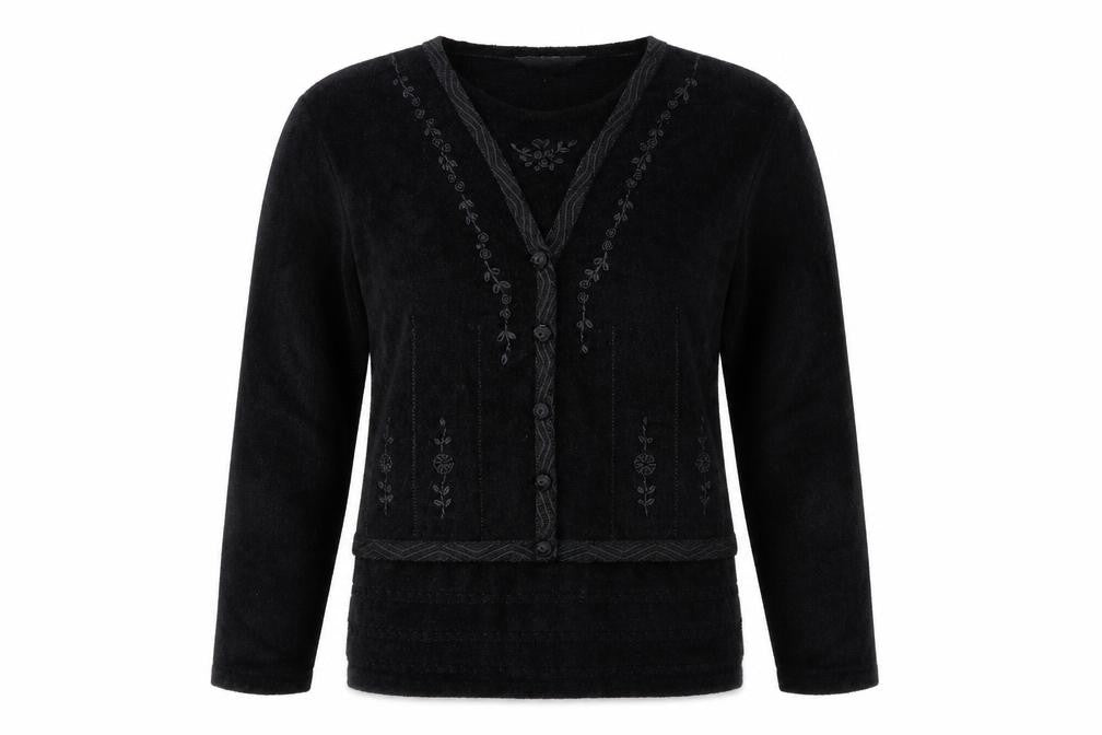 Front view of Donna Lewis women’s black round neck viscose jumper, size M