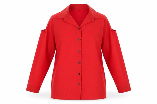 Front view of Preworn women’s red polyester basic blouse, size M, collared