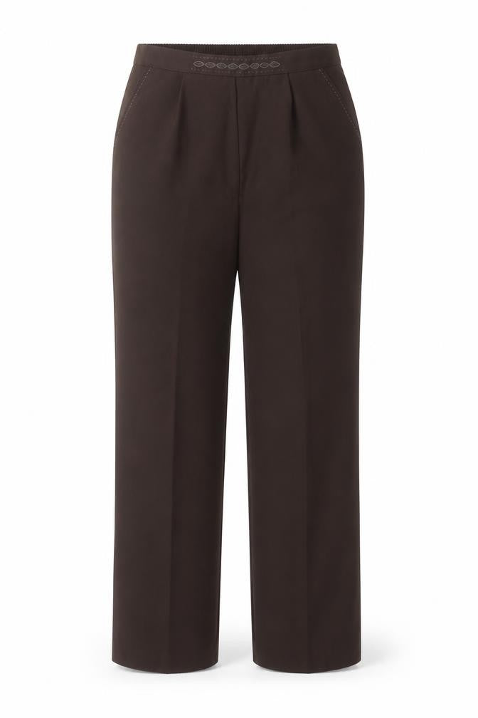 Front view of Bonmarché women’s brown polyester trousers, size S, 27-inch leg regular