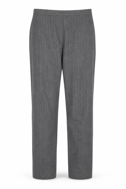 Front view of Daxon women’s multicoloured striped polyester trousers, size UK 12, 30-inch leg regular