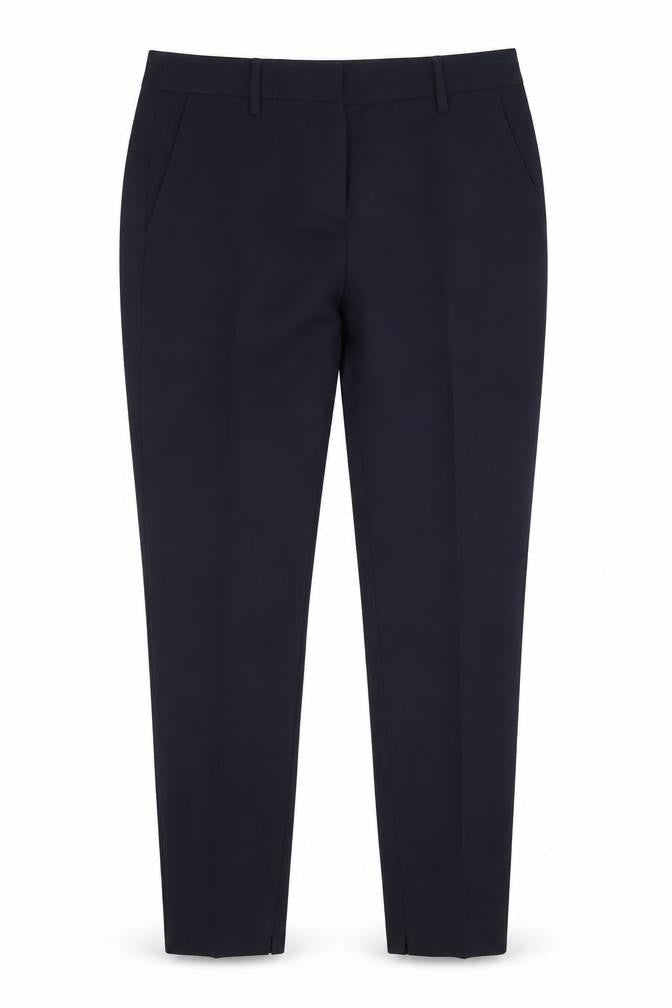 Front view of Next women’s blue polyester trousers, size UK 8, 28-inch leg regular