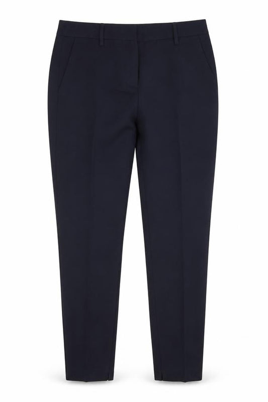 Front view of Next women’s blue polyester trousers, size UK 8, 28-inch leg regular