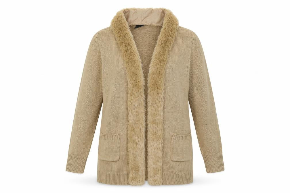 Front view of B. Yo women’s beige overcoat coatigan, size UK 14