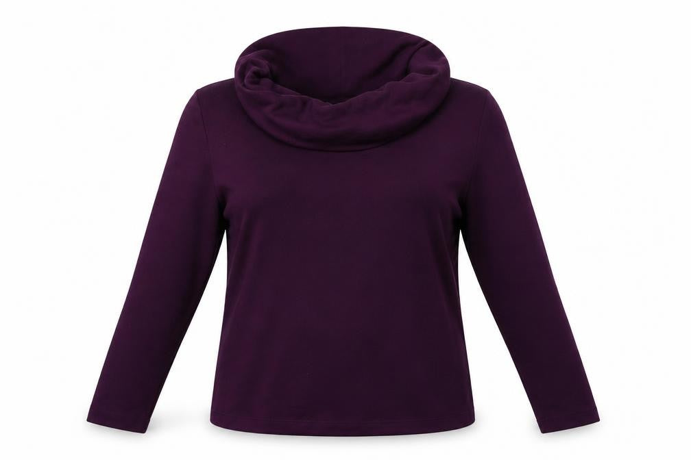 Front view of Classics women’s purple roll neck polyester jumper, size UK 12