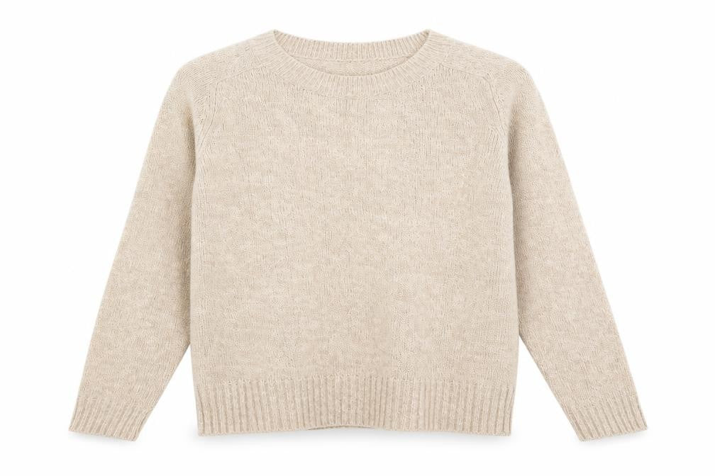 Front view of H&M women’s beige acrylic basic t-shirt, size S, crew neck