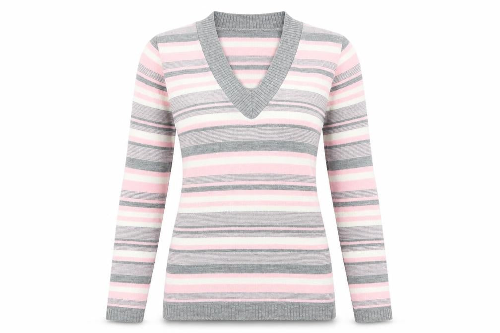 Front view of Logo women’s multicoloured striped acrylic basic t-shirt, size L, v-neck