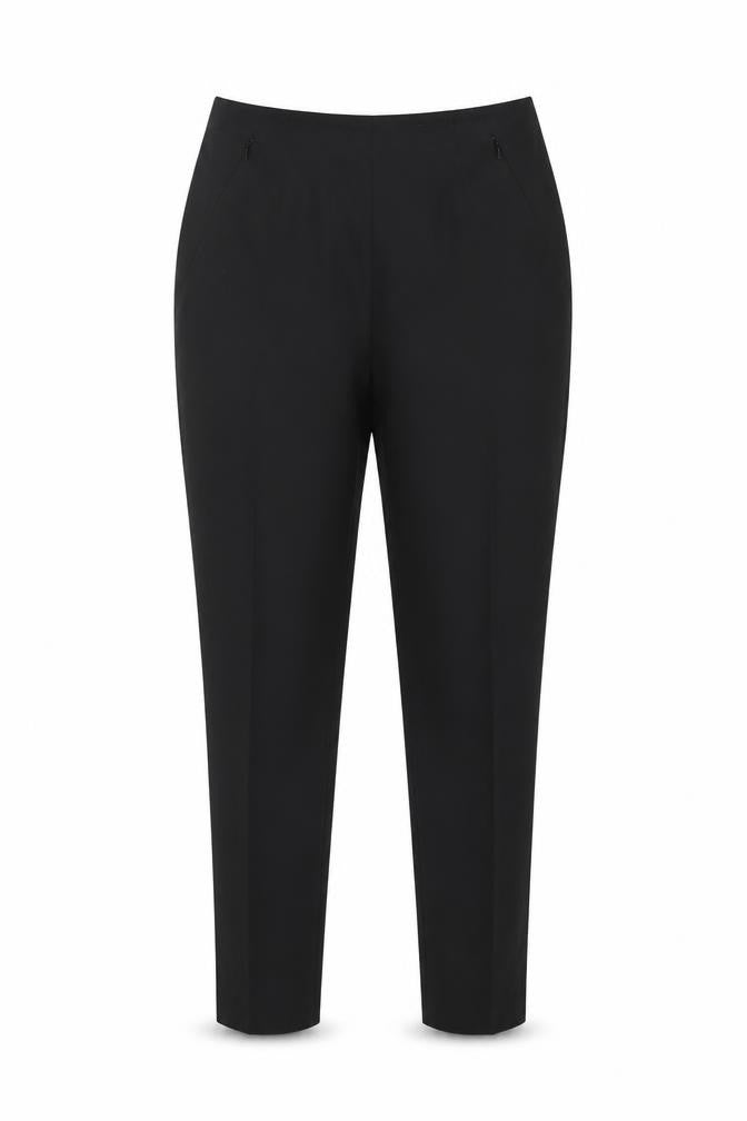 Front view of St Michael women’s black polyester trousers, size UK 14, 27-inch leg regular