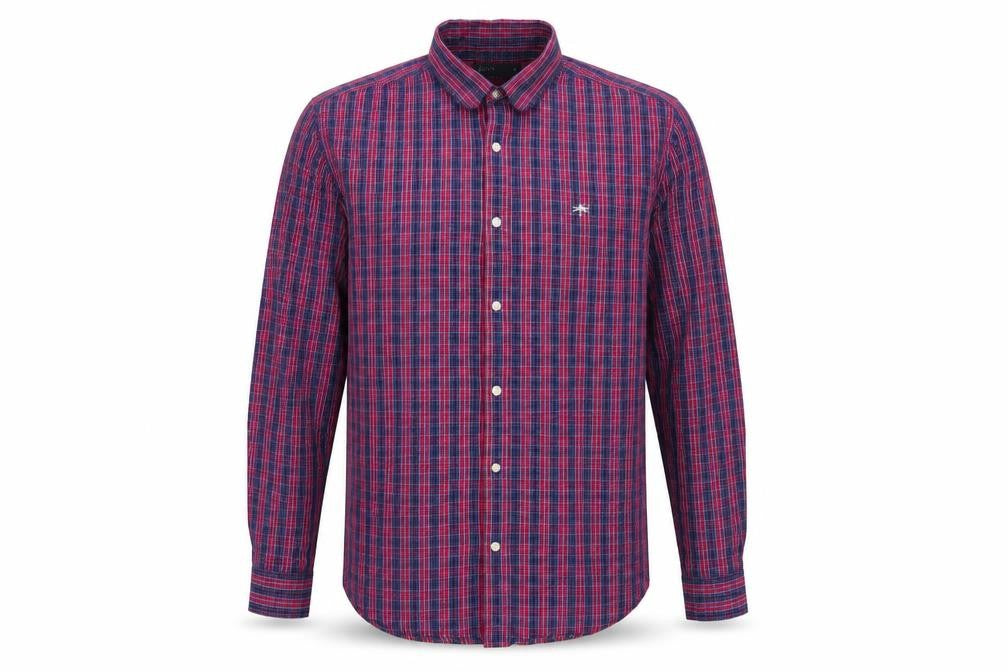 Front view of Easy men’s red check cotton button-up, size M, collared - red blue check