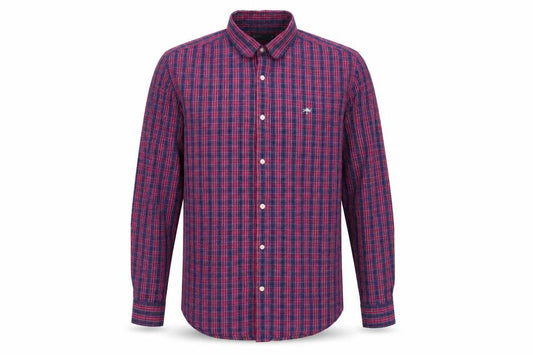 Front view of Easy men’s red check cotton button-up, size M, collared - red blue check