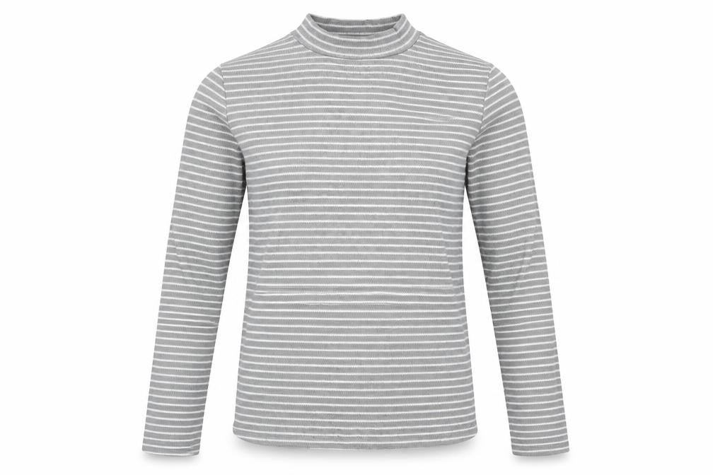 Front view of Pieces men’s grey round neck striped polyester jumper, size M