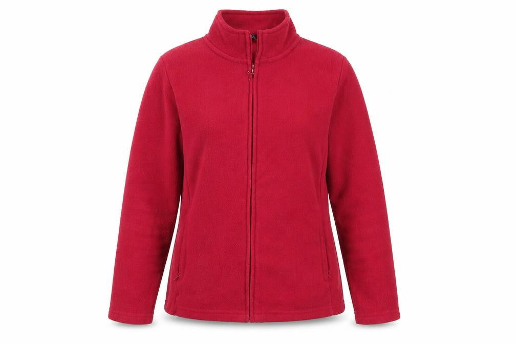 Front view of EWM women’s pink high neck polyester full zip jumper, size UK 14