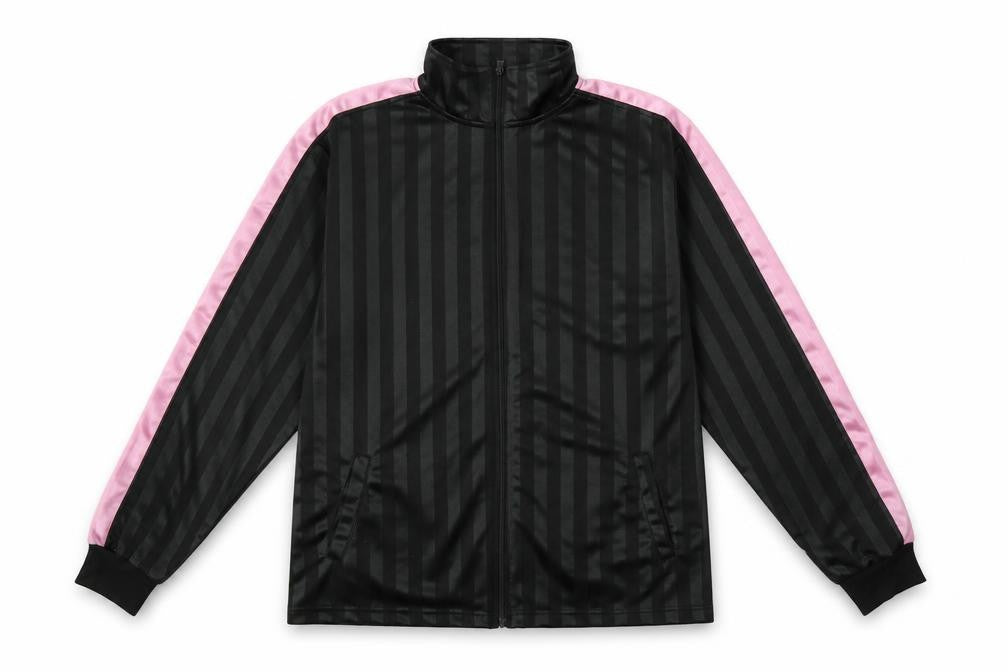Front view of women’s green striped polyester full zip sweatshirt, size L