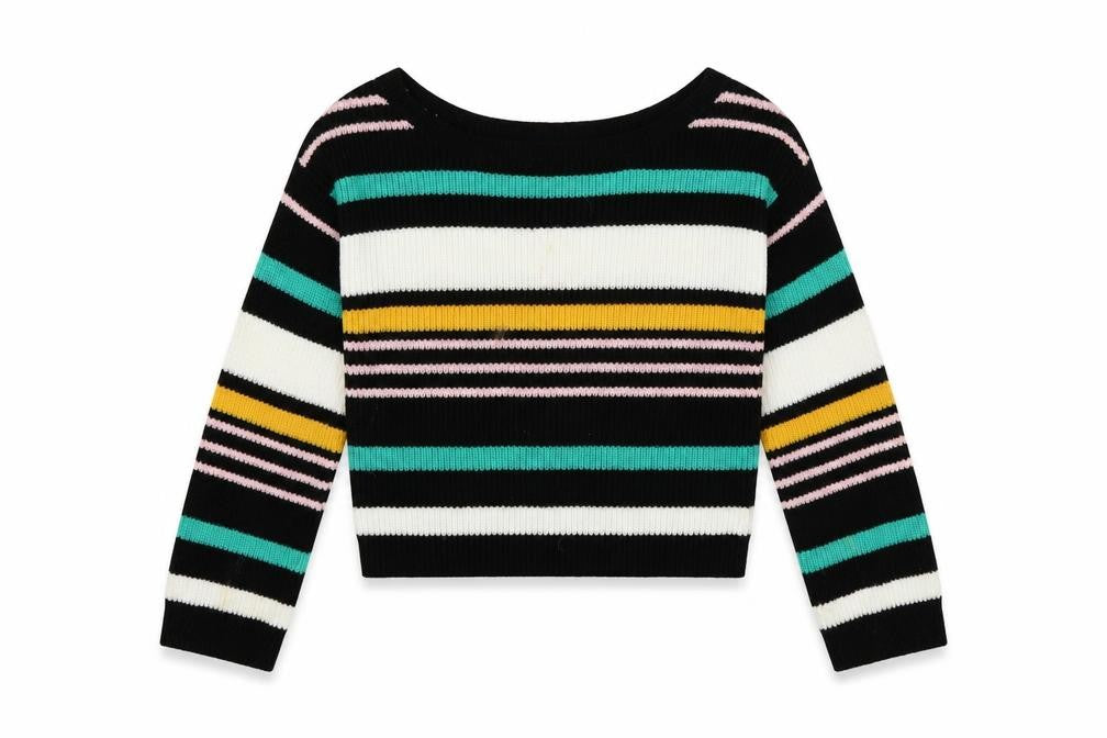 Front view of Missguided women’s multicoloured boat neck striped acrylic jumper, size M
