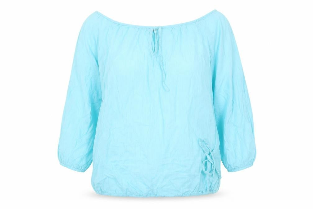 Front view of South women’s blue cotton basic blouse, size UK 12, off the shoulder