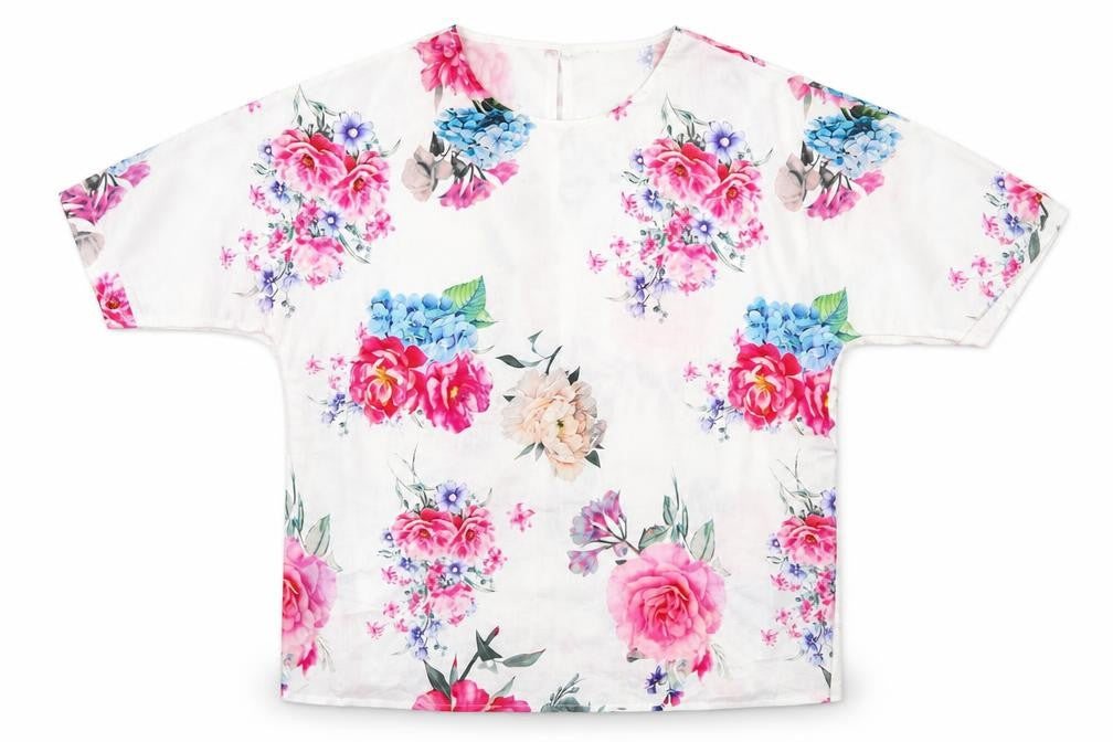 Front view of Preworn women’s white floral polyester basic blouse, size 2XL, round neck