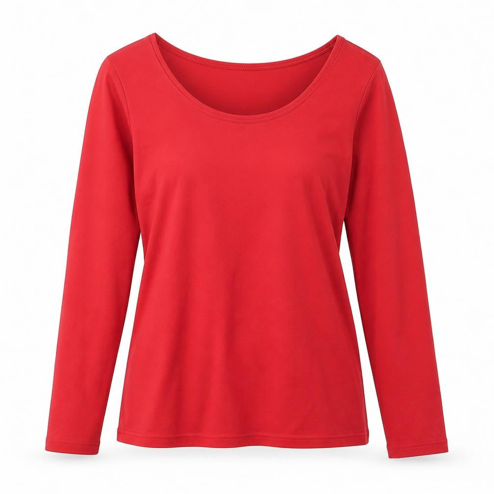 Front view of Isle women’s red cotton basic t-shirt, size S, round neck