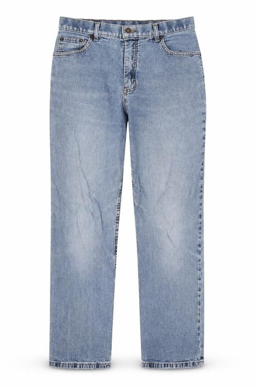 Front view of women’s blue cotton cropped jeans, size UK 28, in, 24-inch leg regular