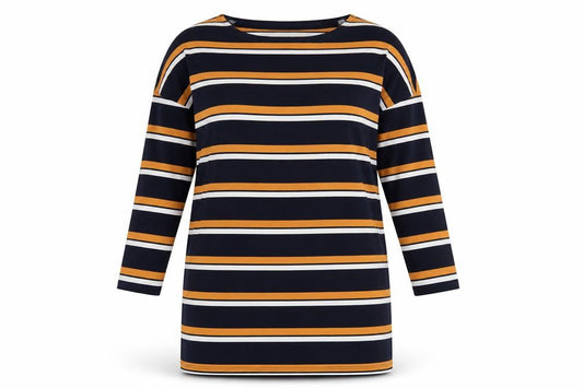 Front view of F&F women’s multicoloured striped polyester jumper dress, size UK 12, round neck