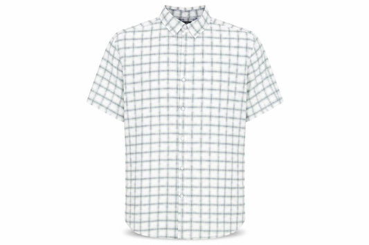 Front view of Sandstone men’s multicoloured check cotton button-up, size XL, collared