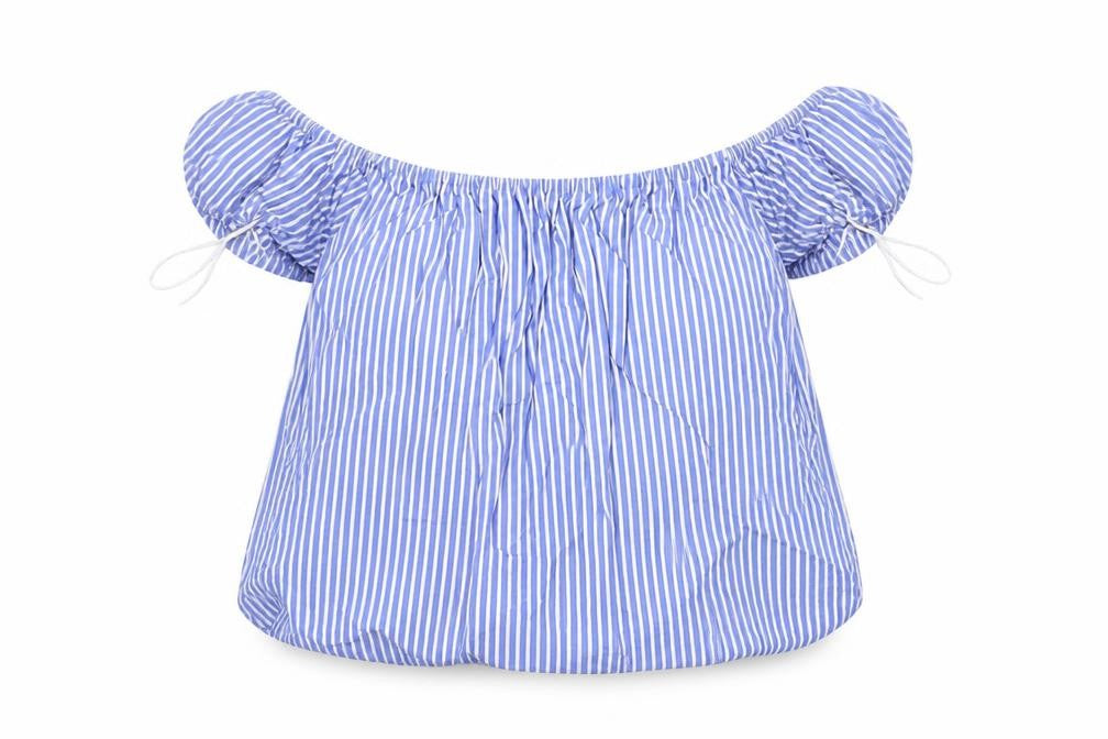 Front view of Zara women’s multicoloured striped cotton basic blouse, size M, boat neck
