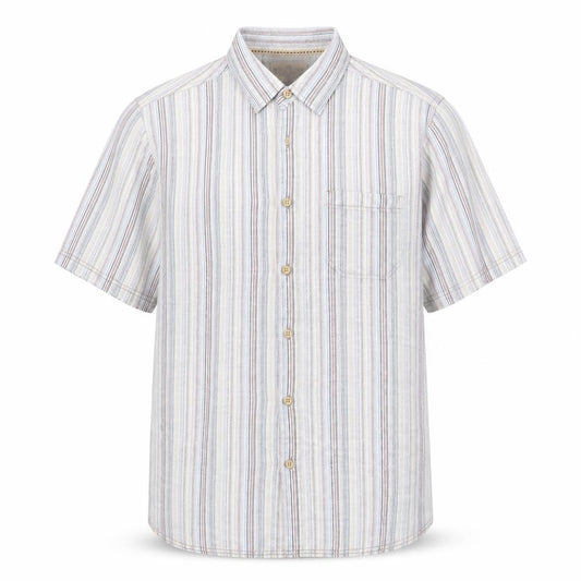 Front view of Easy men’s multicoloured striped button-up, size L, collared