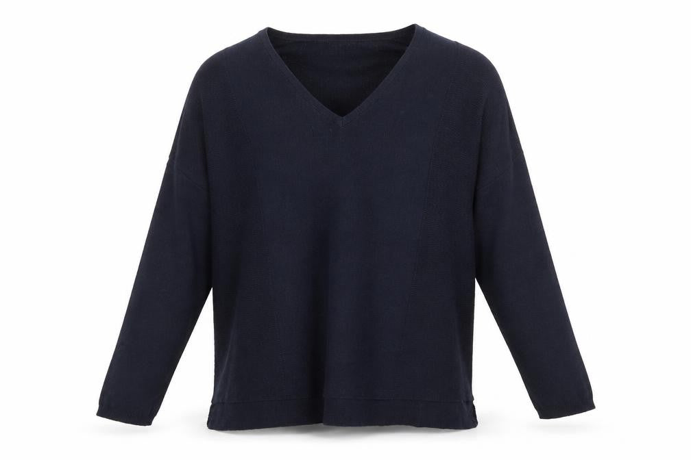 Front view of Topshop women’s blue v-neck polyester jumper, size UK 6