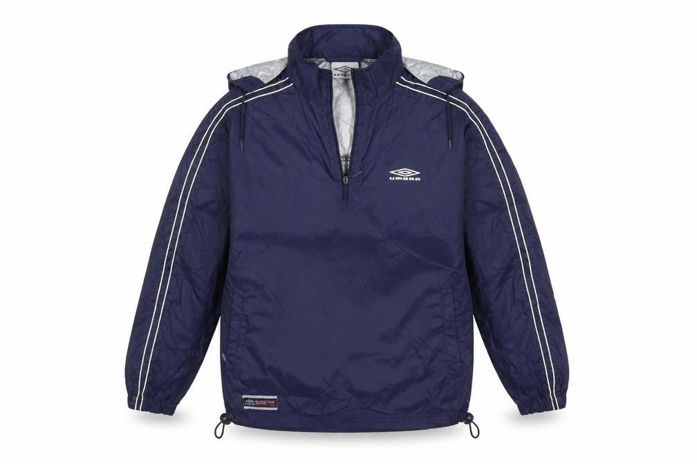 Front view of Umbro boys’ blue overcoat coat, size L