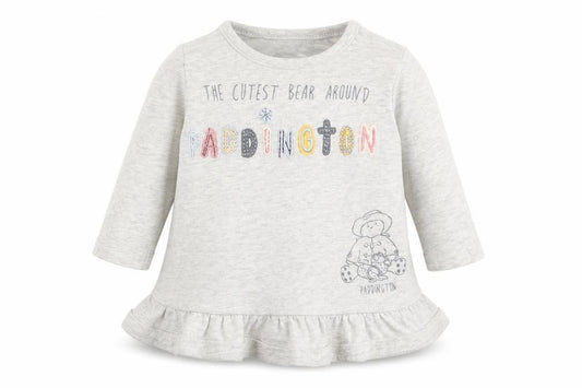 Front view of George girls’ grey cotton basic t-shirt, size 0-3, months round neck - the cutest bear around paddington
