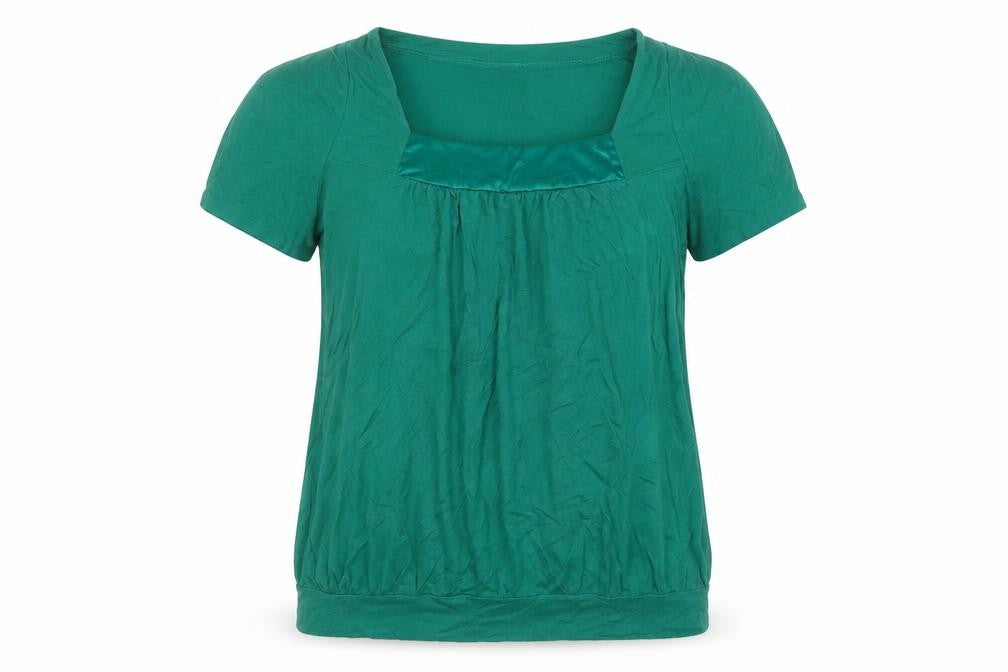 Front view of Mia Moda women’s green viscose basic t-shirt, size UK 18, round neck