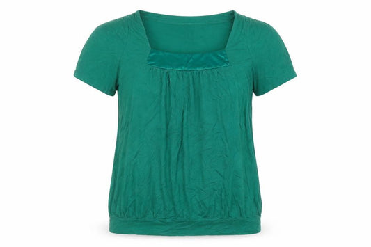 Front view of Mia Moda women’s green viscose basic t-shirt, size UK 18, round neck