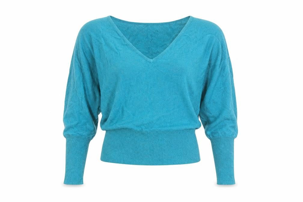Front view of Preworn women’s blue viscose basic t-shirt, size UK 12, round neck