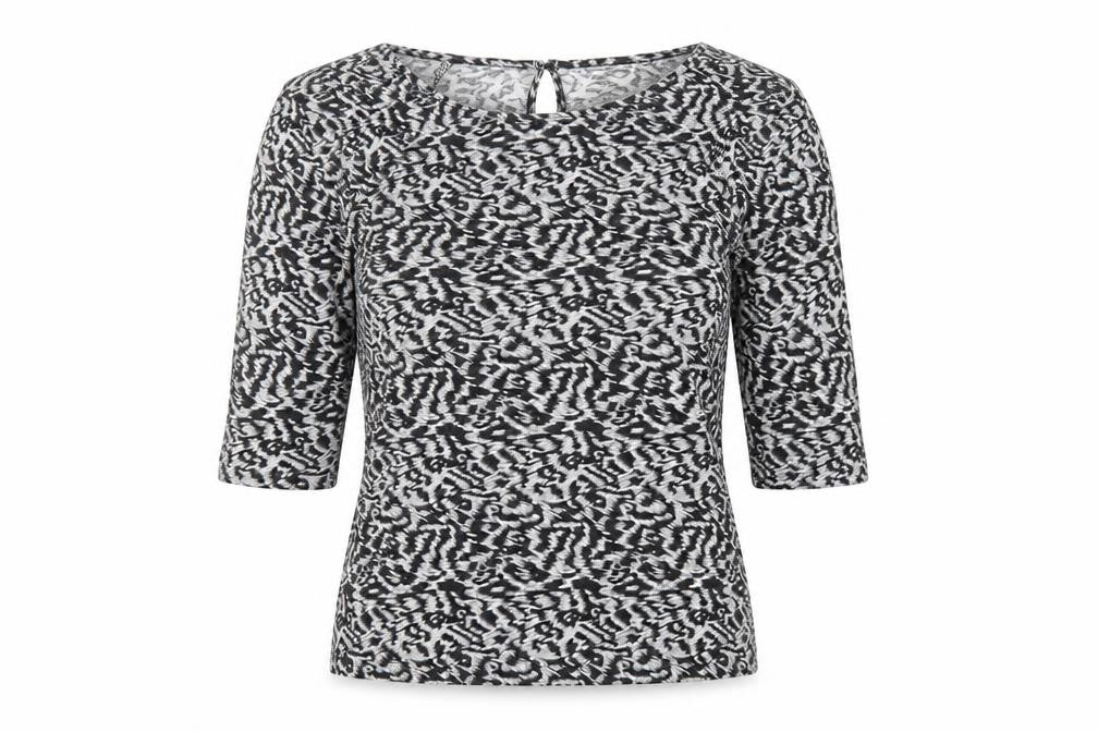 Front view of Oasis women’s grey animal print viscose basic t-shirt, size M, round neck