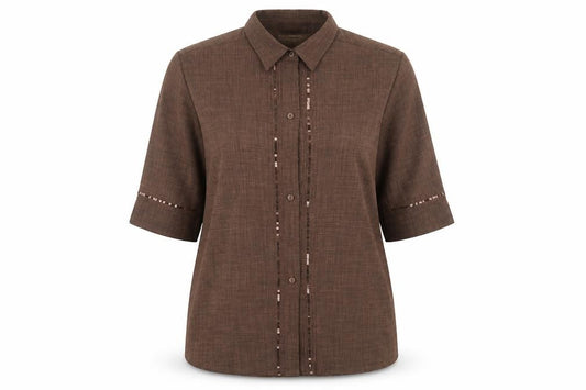 Front view of Classics women’s brown polyester basic button-up, size UK 16, collared