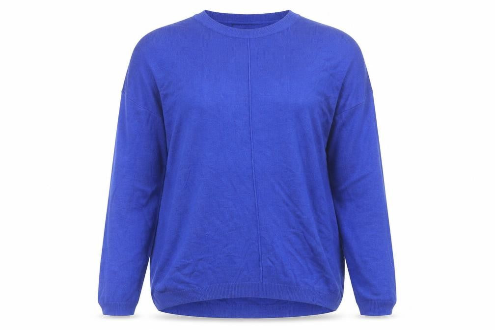 Front view of Marks & Spencer women’s blue round neck acrylic jumper, size M