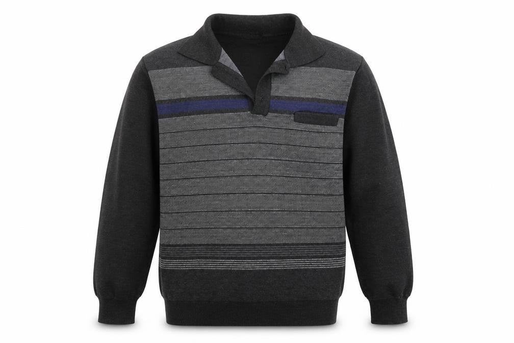Front view of Clavel men’s grey collared striped acrylic jumper, size M