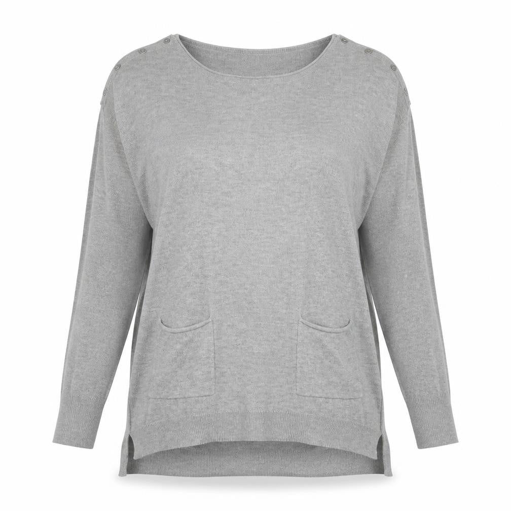 Front view of Walis women’s grey round neck acrylic jumper, size M