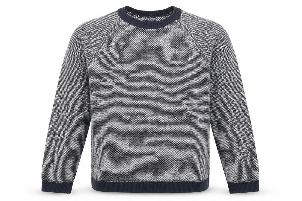 Front view of Topman men’s blue round neck acrylic jumper, size M