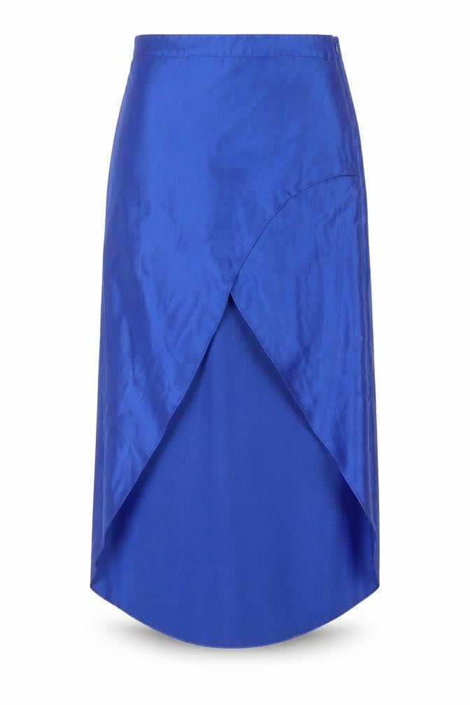 Front view of Topshop women’s blue polyester a-line skirt, size UK 10
