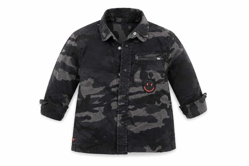 Front view of Next boys’ black camouflage cotton basic button-up, size 3, years collared