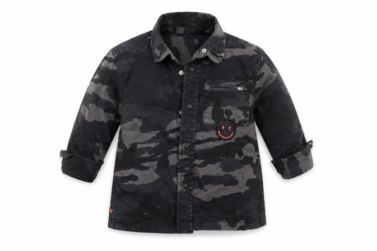 Front view of Next boys’ black camouflage cotton basic button-up, size 3, years collared