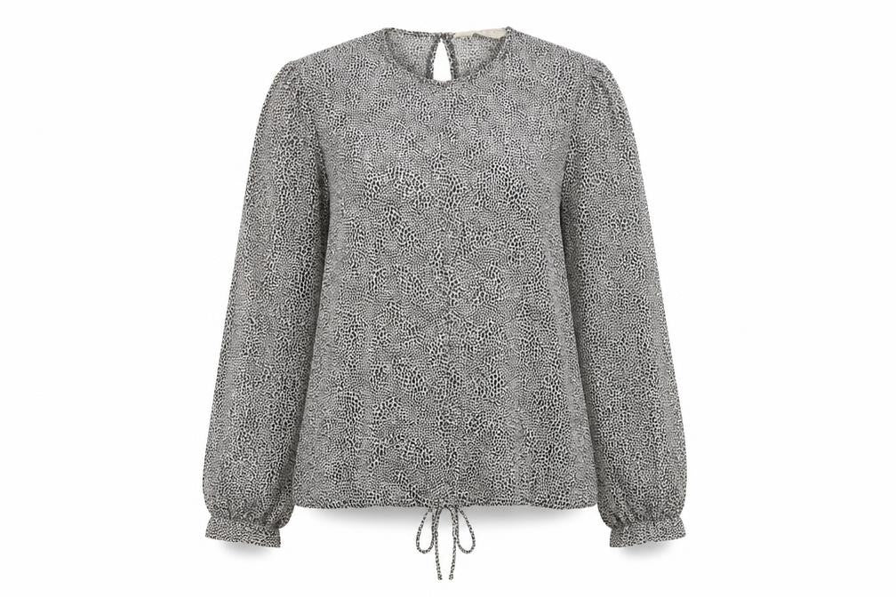 Front view of Primark women’s black animal print viscose basic blouse, size UK 10, round neck