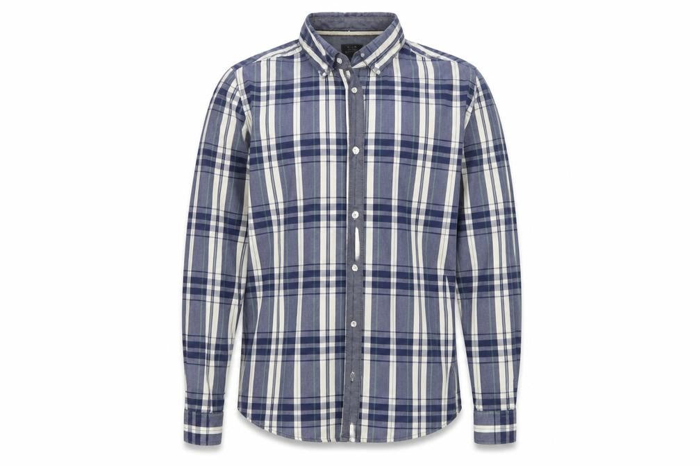 Front view of ACW85 men’s blue plaid cotton button-up, size L, collared