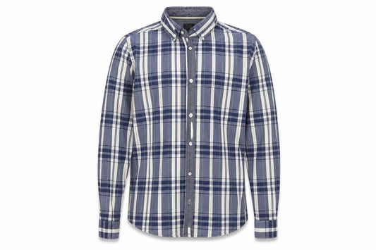 Front view of ACW85 men’s blue plaid cotton button-up, size L, collared