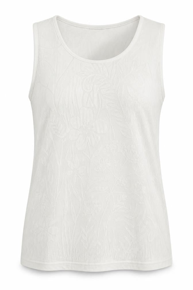 Front view of Preworn women’s white floral polyester basic tank, size L, scoop neck