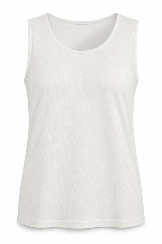 Front view of Preworn women’s white floral polyester basic tank, size L, scoop neck