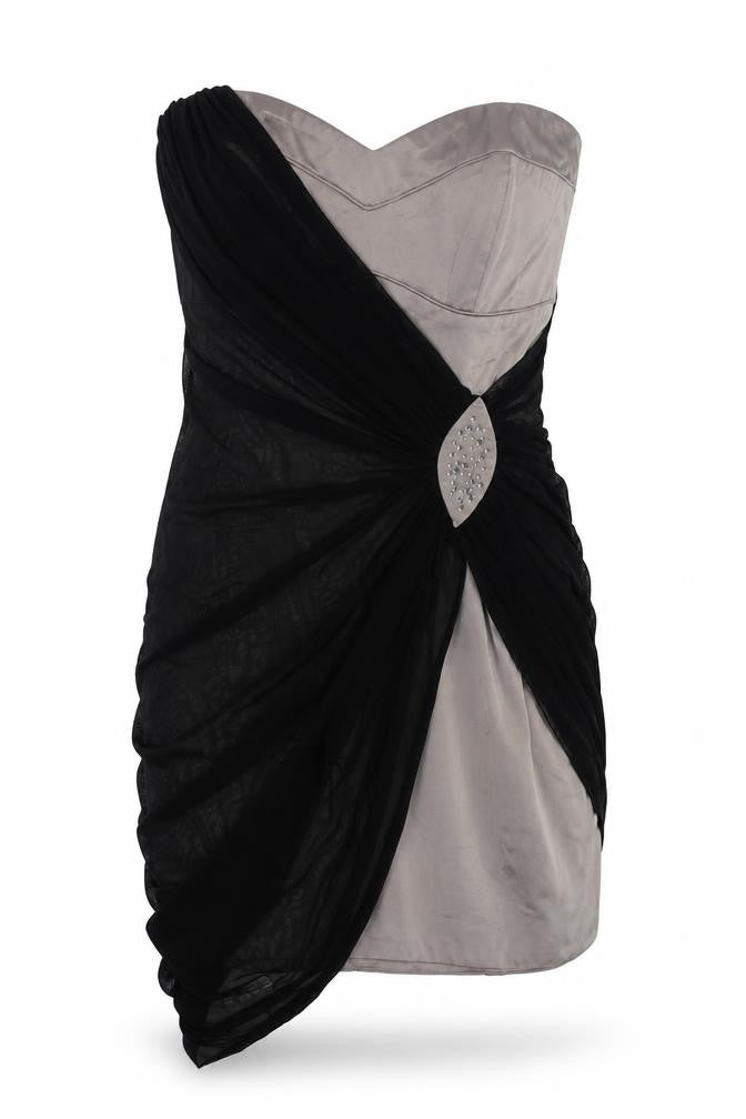 Front view of Lipsy women’s black polyamide bodycon, size UK 8, off the shoulder